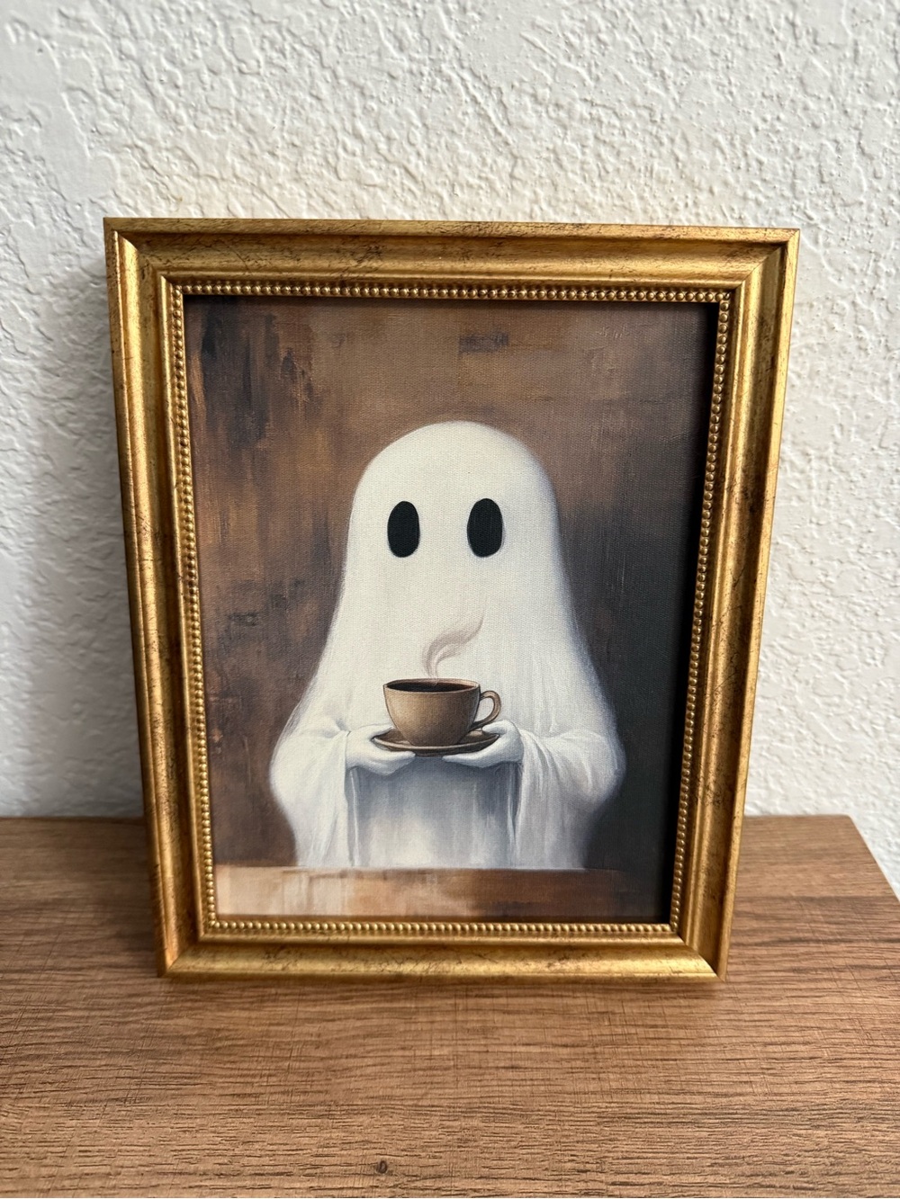 Ghost with Coffee Framed Wall Art - White & Gold